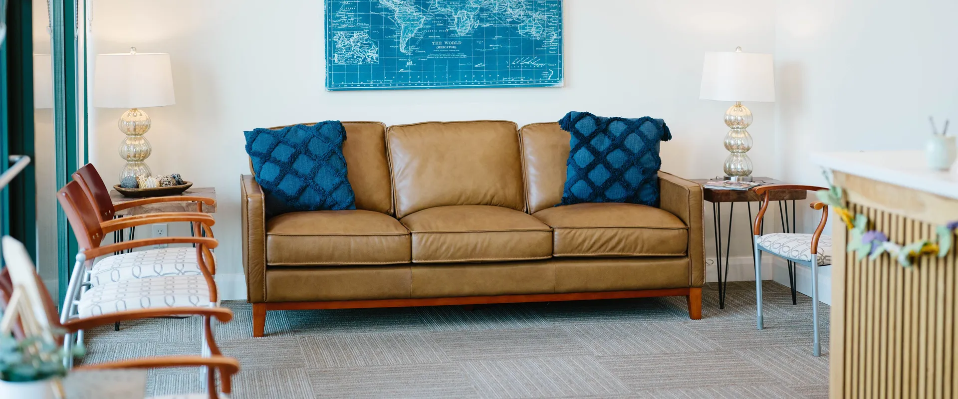 Comfortable waiting lounge at CrossPointe Dental
